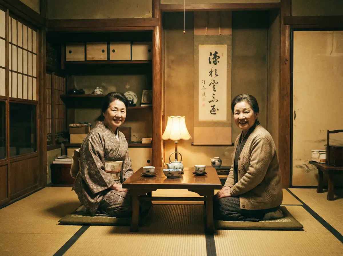 两位优雅的 沈春阳电视剧 在日式茶室中品茶交谈